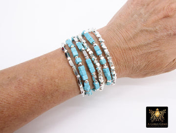 Blue Turquoise and Silver Stretchy Dainty Beaded 6 mm Bracelet Stacks